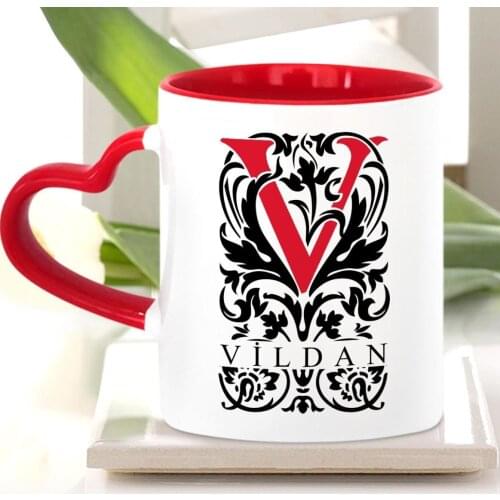 Personalized Letter V Red Heart Mug Cup (Model 2)