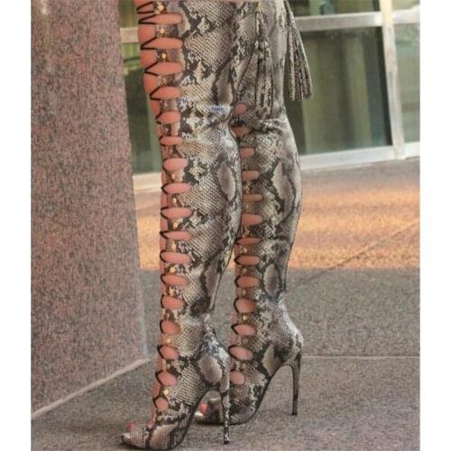 Sexy Snake Prints Ladies Long Thigh High Boots Women Hollow Out Sandals Over The Knee Boots High Heels Party Dress Shoes 2020