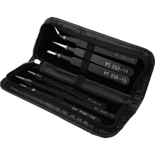 6Pcs Tweezer ESD 10-15 Safe High-elastic Anti-static Stainless Steel Soldering Hand Tools Set for Soldering Station with Bag