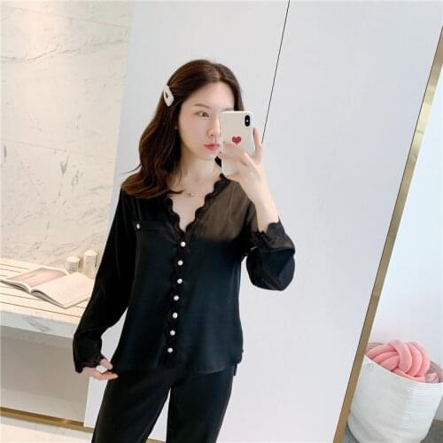 Fashion Pajamas Women Spring Special Soft Satin Imitation Silk Lace Cute Sexy Long-Sleeved Suit Temperament Home Service