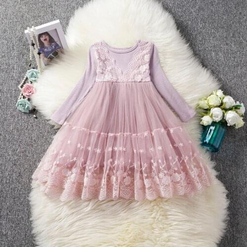 Casual Wear Tutu Dress Long Sleeve Dress Autumn Winter Costume For Kids Girl Lace Dresses For Children Floral Hem Vestido