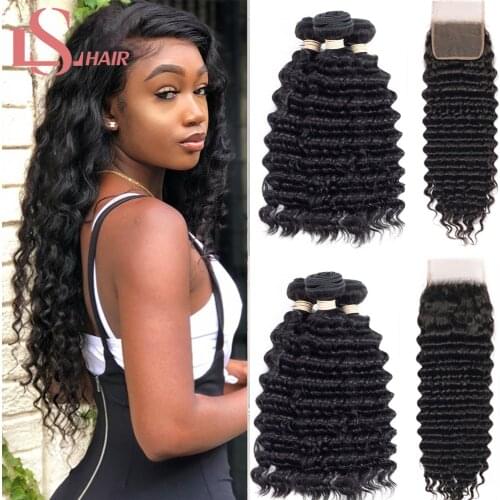Deep wave bundles with lace closure human hair 3 bundles with closure Remy Hair Brazilian 100% human weave bundles Extension