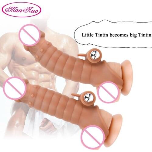 New Realistic Penis Enlargement Sleeve Vibration Condoms Male Liquid Silicone Enlarger Reusable Delay Condom Sex Toy for Men