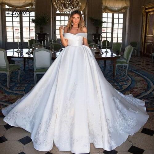 Liyuke Boat Neckline Luxury Ball-Gown Wedding Dress Satin Fabrics Elegant Princess Gown