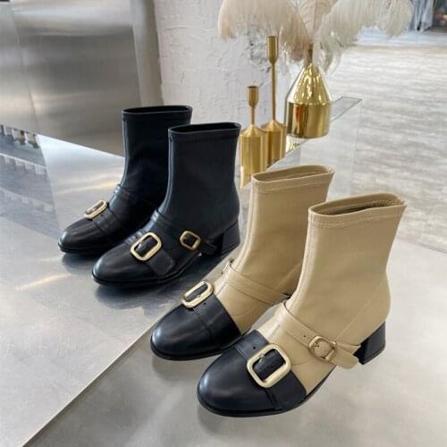 Luxury Brand Metal Buckle Short Boots Round Toe Mixed Color Sock Boots Designer Genuine Leather Stretch Boots For Women New