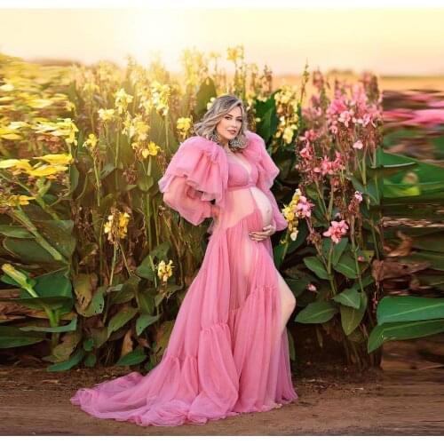 Chic Maternity Dresses for Photoshoot or Babyshower Puffy Sleeves Long Maternity Tulle Robe Front Slit or Open Tulle Robes