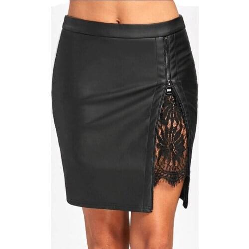 Women PU Leather High Waist Fashion Zipper Summer Fall Mini Skirts 2021 Bodycon Pencil Skirt Lace Crochet Patchwork Clubwear Pop
