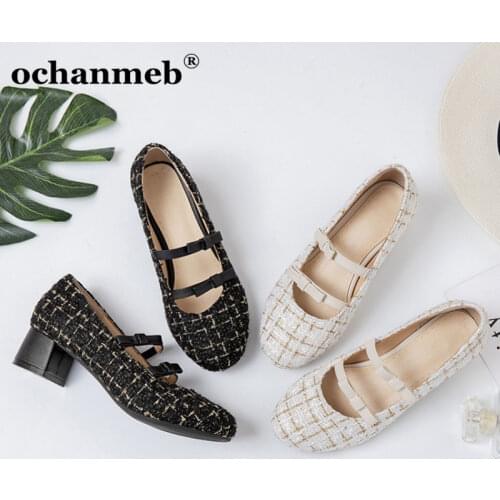 Ochanmeb sweet butterfly bow knot tie shoes for women big size 43 round toe block heels tweed pumps brand shoes beige ladies new