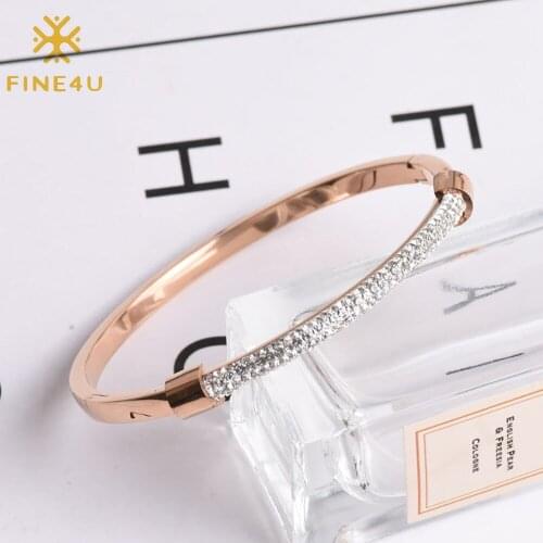 FINE4U B527 Womens Sparkling Cubic Zirconia Secure Hinge Lock Bangle Bracelet Shining Luxury Gift for Women