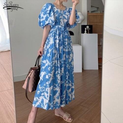 Vintage Print Lantern Sleeve Party Dress 2021 Summer Long Dress Women Square Collar Lace Up Plus Size Dresses Vestido 13844