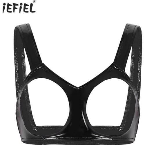 Women Sexy Erotic Lingerie Open Cups Latex Bra Clubwear Wet Look Faux Leather Bra Underwear Sleeveless Role Play Tanks Crop Top