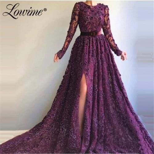 Formal Dress Purple Evening Dresses Long Robe De Soiree 2020 Full Sleeves Beaded Applique Prom Party Dress Vestidos Sukienki