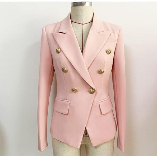 2021 High Quality New Pink Womens Suit Jacket Metal Lion Head Buckle Double Breasted Small Suit O29