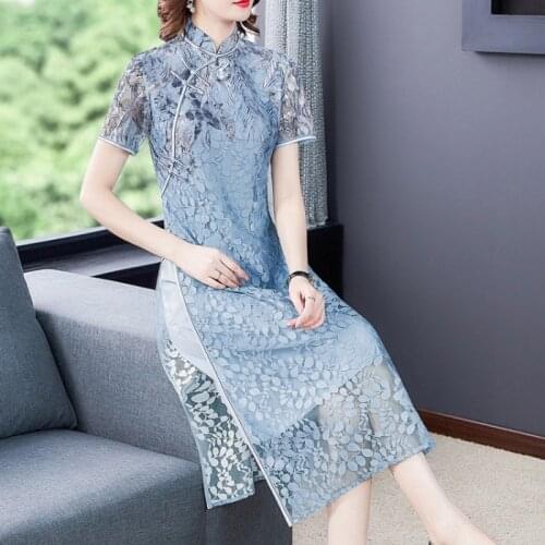 2021 chinese traditional lace cheongsam short sleeve hanfu style mandarin collar dress classical oriental split party dress