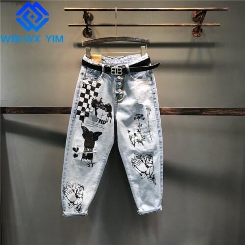 Spring Women High waist Jeans Fashion Cartoon print Hole Washed Jeans Harem Pants Female Loose Plus size Denim Wide leg Pants