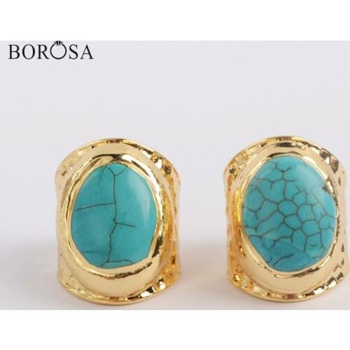 BOROSA 10Pcs Wholesale Gild Blue Howlite Ring Jewelry Ring Size:5~5.5 New Arrival Turquoises Rings Jewelry for Women G1882