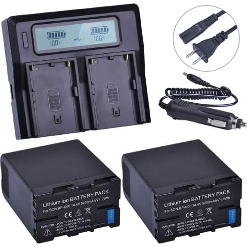 2Pc BP-U60 BPU60 Rechargeable Li-ion 5200mAh Battery+LCD Fast Dual Charger Kits for Sony XDCAM EX PMW100 PMW150 PMW160 PMW200