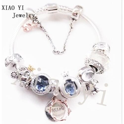 XIAOYI 2020 New 100% S925 Blue pineapple carriage Crown doll safety chain with glass clips gentle charm high quality bracelet