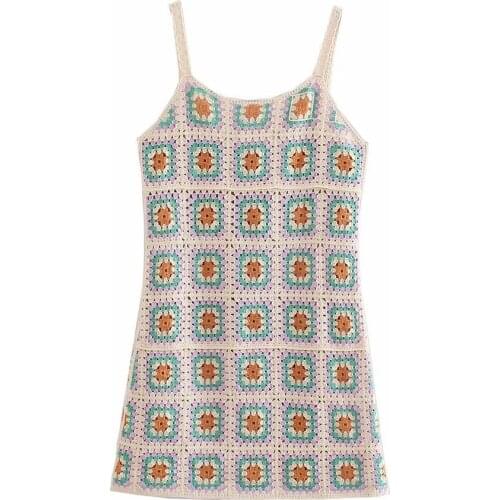 Za 2021 Crochet Dress Woman Knitted Slip Mini Dress Women Cutwork Backless Summer Dress Woman Casual Beach Short Dress Sundress