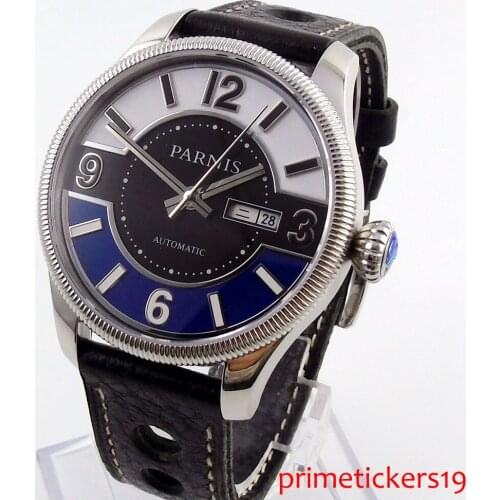 Simple PARNIS 42mm mens watch week date blue and white dial sapphire glass self winding movement leather strap 411