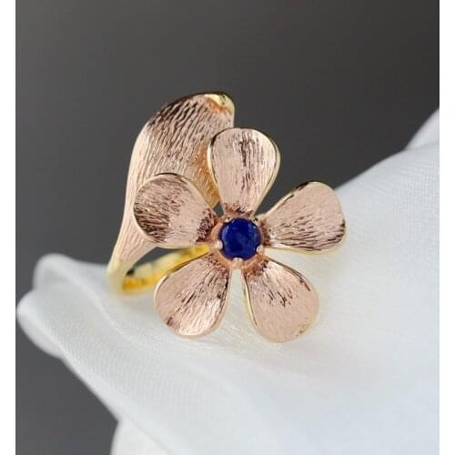 Real 925 Sterling Silver Rings Inlaid Natural Lapis Lazuli 18K Gold Plated Petal Fashion Women Opening Adjustable Ring