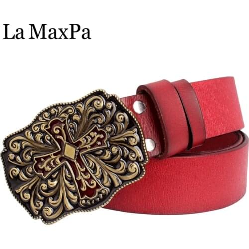Red belt Women leather belts cross pattern buckle genuine leather lady belt vintage arabesque flower girdle women birthday gift