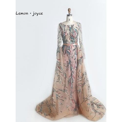 Lemon joyce Dubai Luxury Long Sleeves Evening Dresses 2020 O-Neck Sequin Mermaid Evening Gowns Plus Size