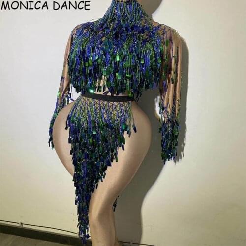 Sexy Stage Flashing Silver Sequins Fringe Tassel Bodysuit Women Dancer DS Show High-collar Outfit Birthday Long Sleeves Bodysuit