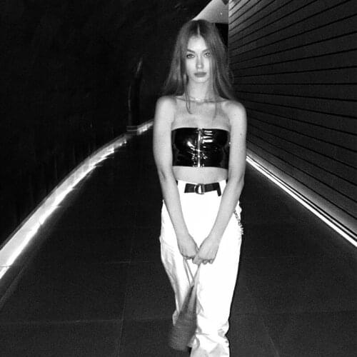 2021 Sexy Womens Regular Zipper Crop Top Summer Stylish Leather Tank Bustier Wrapped Chest Female Solid Short Shirts