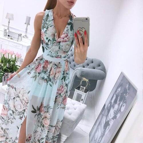 Summer Bohemian Beach Long Dress For Woman Sexy Deep V-neck Slim Maxi Dress Fashion Print Elegant Ladies Midi Dress Robe Femme