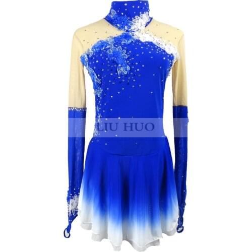 LIUHUO Figure Skating Dress Womens Girls' Ice Skating Dress Competition Long sleeve Blue Standing collar Decorative flower Kids