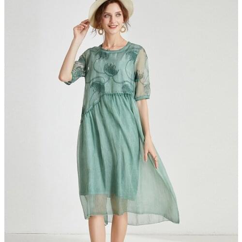 2020 Summer dress embroidered chiffon dress short sleeves vacation beach dress elegant midi dress for girls plus size robes 4xl