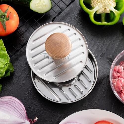 2PCS Stainless Steel Meat Mold Pressure Hamburger Patties Non Stick 304 Beech Wood Handle Beef Grill Patty Maker For Kitchen BBQ