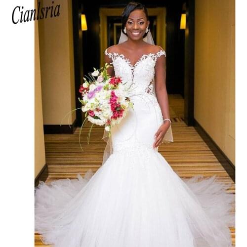2020 African Mermaid Wedding Dresses Illusion Backless Applique Lace Court Train Mermaid Bridal Dress Wedding Gowns Plus Size