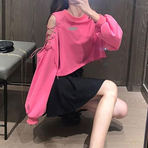 2020 Autumn Korean Long Sleeve Cropped Top Women Loose Hot Pink T Shirts Harajuku Ladies Hollow Out Tshirts