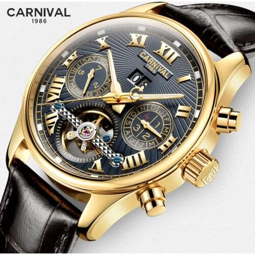 CARNIVAL Men New Automatic Mechanical Watch Mens Top Luxury Brand Tourbillon Military Sports Black Steel Male Waterproof Watches