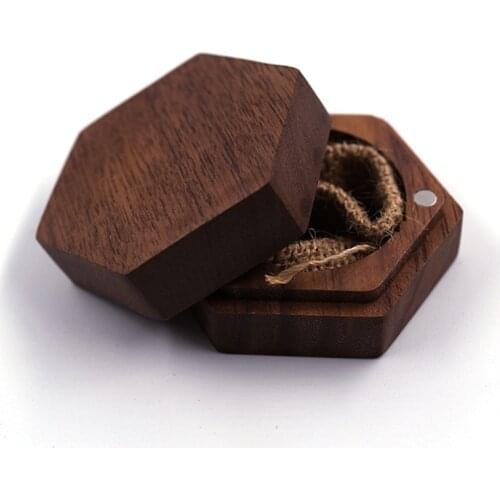 N0HE Black Walnut Hexagon Personalized Rustic Wedding Wood Ring Box Holder Wedding Ring Bearer Jewelry Box for Wedding Favor