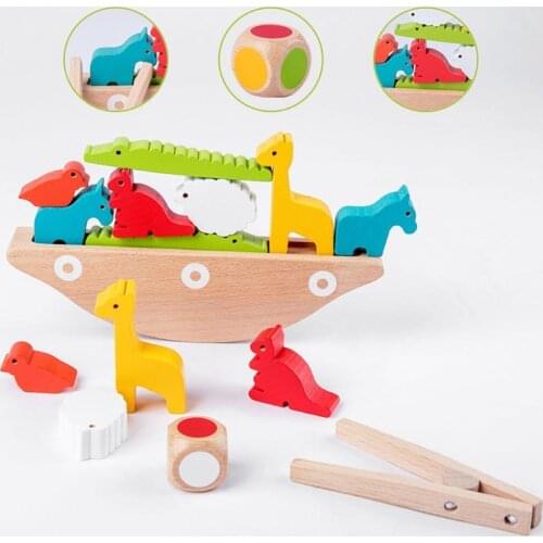 Kids Wooden Animal Blocks Balance Boat Seesaw Stacking Game Early Educational Toy
