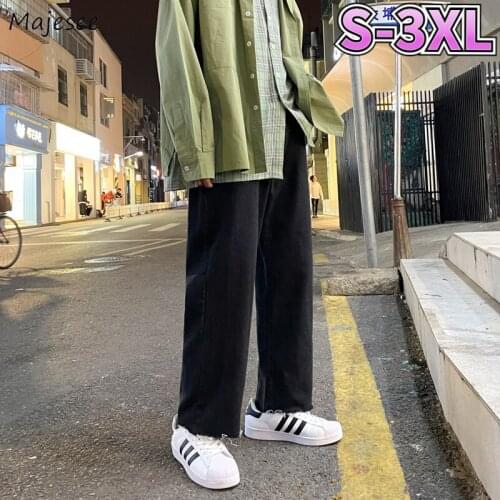 Jeans Men 3XL Zipper Fly Denim Wide-leg Solid Trousers Vintage Fur-lines Harajuku Collage Student Ins Trendy Straight Baggy Cozy