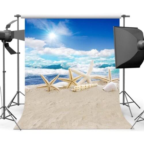 Summer Starfish Background Blue Sky Sea Wave Backdrop Photography Sandy Beach S-532