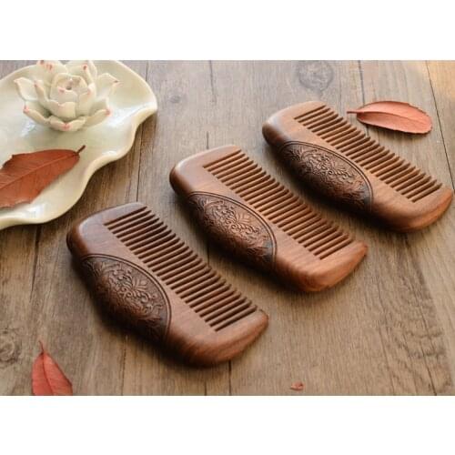 Golden Sandalwood Comb Double-Sided Carved Design Natural Sandalwood Fine Comb Anti-Static Care EF