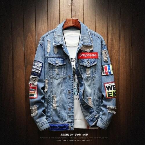 Mens Retro Denim Jacket Fashion Brand Casual Print Black Blue Cloth Edge Streetwear Male Outerwear Hippie Punk Motorcycle
