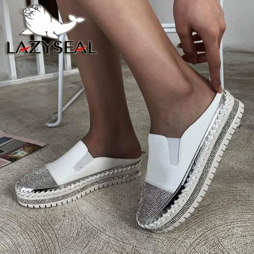 LazySeal Flat Platform Crystals Round Toe Slippers Women Summer Diamond Mules Rhinestone Shoes Flip Flops Slides Big Size 43