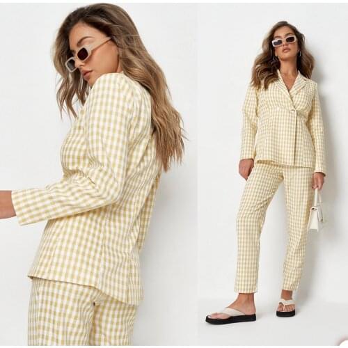 Summer Light Yellow Check Women Pants Suits Slim Fit Plaid Blazer Suit Ladies Prom Party Wedding Wear(Jacket+Pants)
