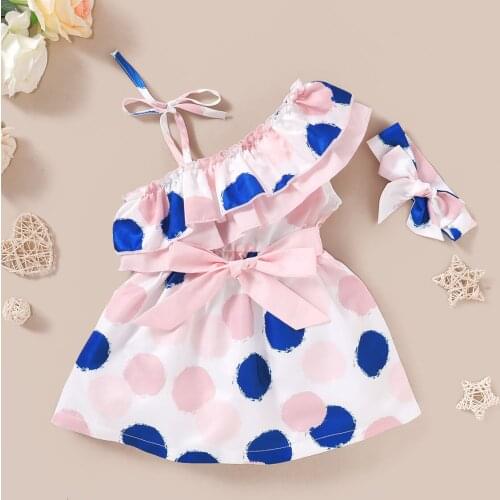 Summer Kids Toddler Girl Two Piece Set Dress Dot Print Half Shoulder Dress Bow Ruffle Collar Camisole Lace Hair Band