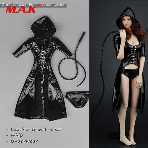 1/6 Scale Female Leather Clothes Set Hood Leather Trench Coat Underpants Whip Set For 12" Woman Action Figure Toys Accessories