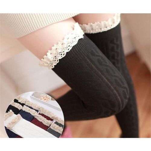 Cute Twist Pattern Cotton Thigh High Stockings Lace Trimmed Over Knee Stockings B353
