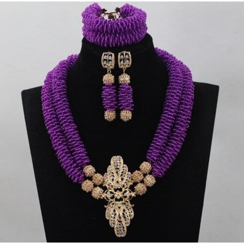 Nigerian Crytal Beads Necklace Jewelry Set for Women Purple Bib Statement Necklace Set Seed Beads Design Free Shipping WD552