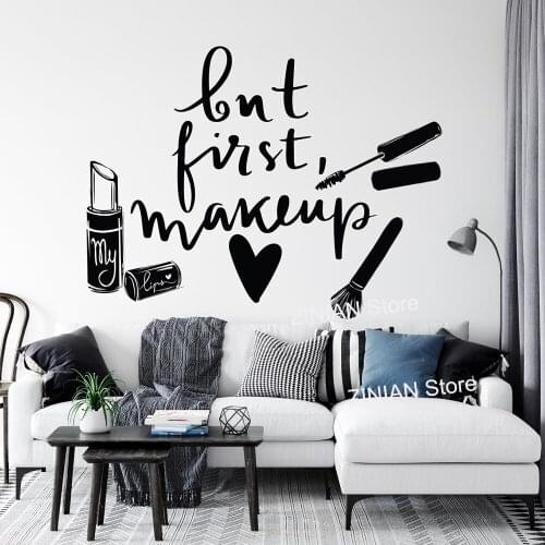 But first Makeup Vinyl Stickers Quote Beauty Salon Eyelashes Wall Decal Lipstick Mascara Salon Decor Home Interior Bedroom A562