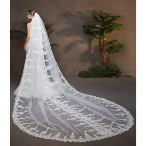 New White Ivory Bridal Veil Headwear one Layer 3M Sequins Lace Edge Long Mariage Cathedral Wedding Veil With Comb Velos de novia